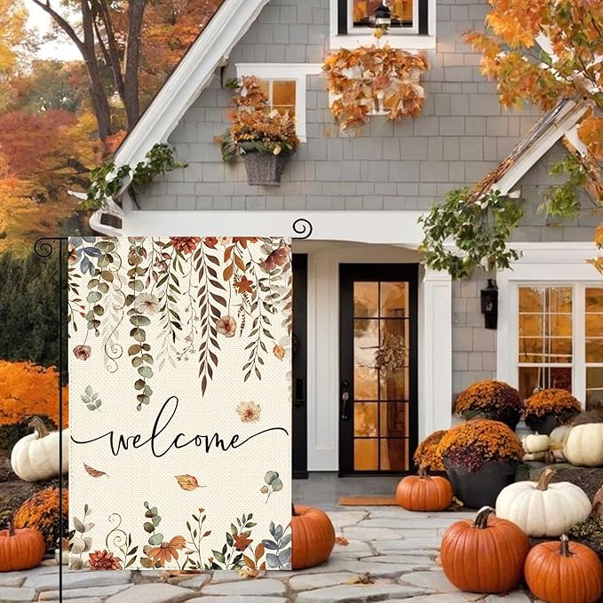 Fall Thanksgiving Harvest Eucalyptus Floral Welcome Garden Flag 12 x 18 Inch Double Sided, Autumn Flower Burlap Small Yard Flag Farmhouse Seasonal Holiday Patio Outdoor Outside Decoration
