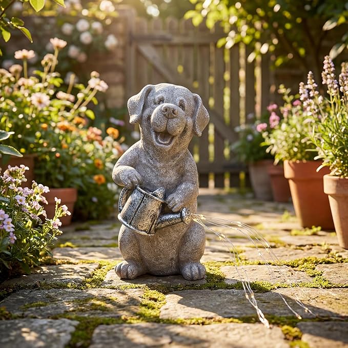 Lavezee Dog Statues Outdoor with String Lights for Garden Decor, Puppy Dog Statue for Patio Lawn Porch Walkway Yard Decoration, Ideal Gifts for Dog Lovers Women Mom Grandma