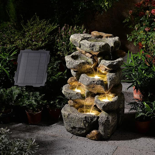 Solar Water Fountain Outdoor Garden, 24" H Cascading Stone Design 5 Tier Rock Feature Outdoor Fountains Waterfalls with Light, Pump Solar Panel for Patio, Deck, Porch, Backyard Home Décor
