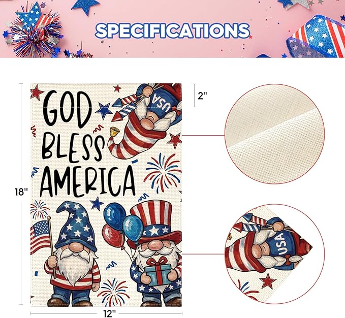 AVOIN colorlife God Bless America Patriotic 4th of July Garden Flag 12x18 Inch Double Sided Outside, American Stars and Stripes Gnomes Yard Outdoor Decoration
