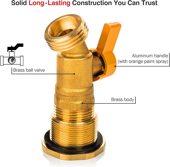 Brass Rain Barrel Spigot Kit. Lead-Free Compliant. 3/4 Inch Quarter Turn Ball Valve. Rain Barrel Kit for Any Including 5 55 Gallon Drum Spigot Bucket, with Bulkhead Fitting, Tape P72-02330G