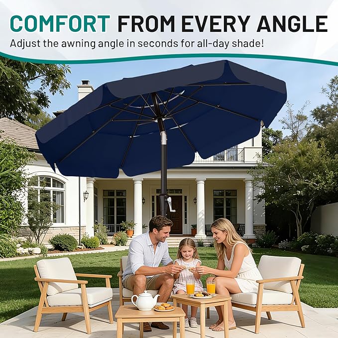 AreShark 10FT 3-Tiers Patio Umbrella with Valance, Outdoor Umbrellas with Crank/Tilt, Table Market Umbrella Vented w/ 8 Sturdy Ribs for Garden, Deck, Backyard, and Pool, Navy