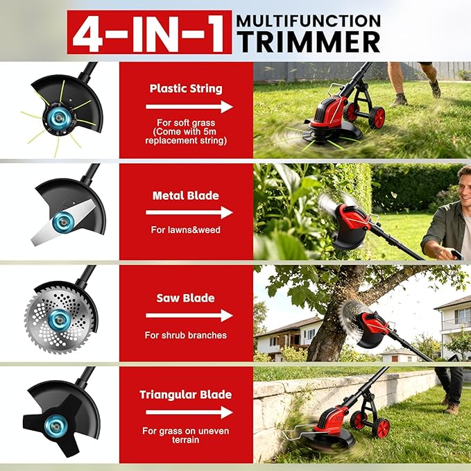 12-Inch Cordless Electric Weed Wacker, 2x3.0Ah 21V Battery Powered Weed Eater with Wheels, 800W Brushless Motor, Lawn Mower with 4 Types Blades, 20000RPM Brush Cutter Grass Trimmer for Garden Yard