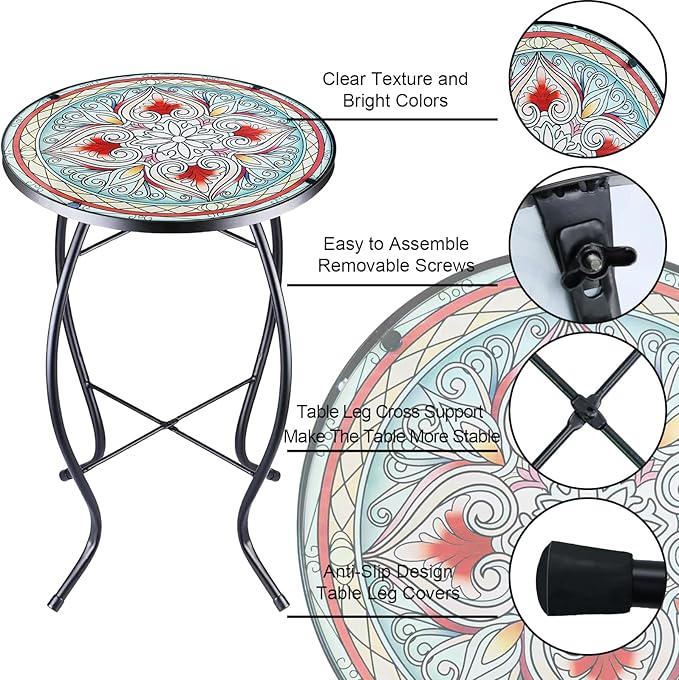 Arbuxzuy 14 Inch Small Outdoor Side Table with Red Flower, Glass Mosaic Patio Table Indoor, Round Plant Coffee Table for Living Room, Balcony, Garden