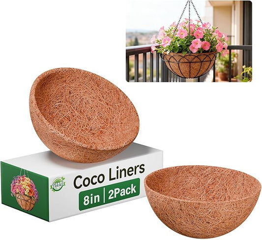 Halatool 2 Pack 8 Inch Coconut Liners for Planters 100% Natural Coco Coir Fiber Hanging Basket Liners Reusable Round Coco Liner for Flowers Vegetables Balcony Garden Patio Porch Home Decor