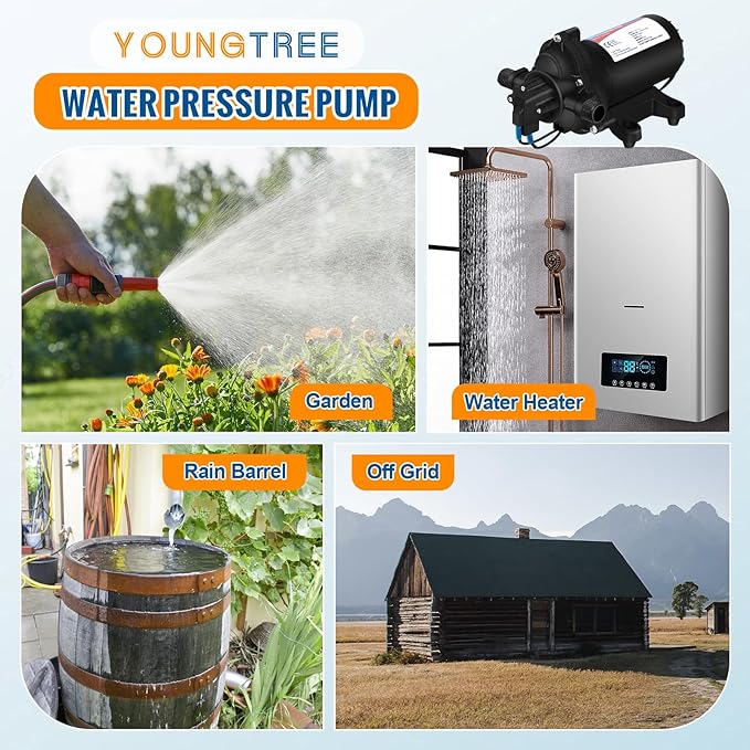 YOUNGTREE RV Water Pressure Diaphragm Pump 110V 4.0GPM 50PSI On Demand Fresh Water Transfer Pump 110Volt AC with Garden Hose Adapters for Irrigation Home Pool Draining Sprinkler