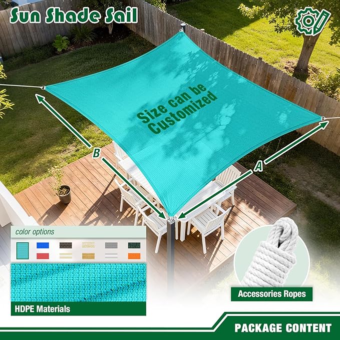 Sun Shade Sail 8'x8' Rectangle Shade Canopy Patio Cover UV Block Shade Cloth Awning Fabric for Backyard Pergola Garden Deck Carport Outdoor Activities, Turquoise