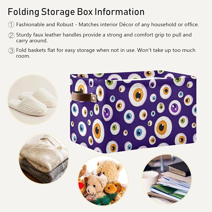 Wamika Halloween Eyes Storage Basket with Waterproof Liner and PU Handles Blue Spooky Ghost Storage Bins Boxes 14.2" Collapsible Decorative Organizer Baskets for Bedroom Closet Office 2 Pack