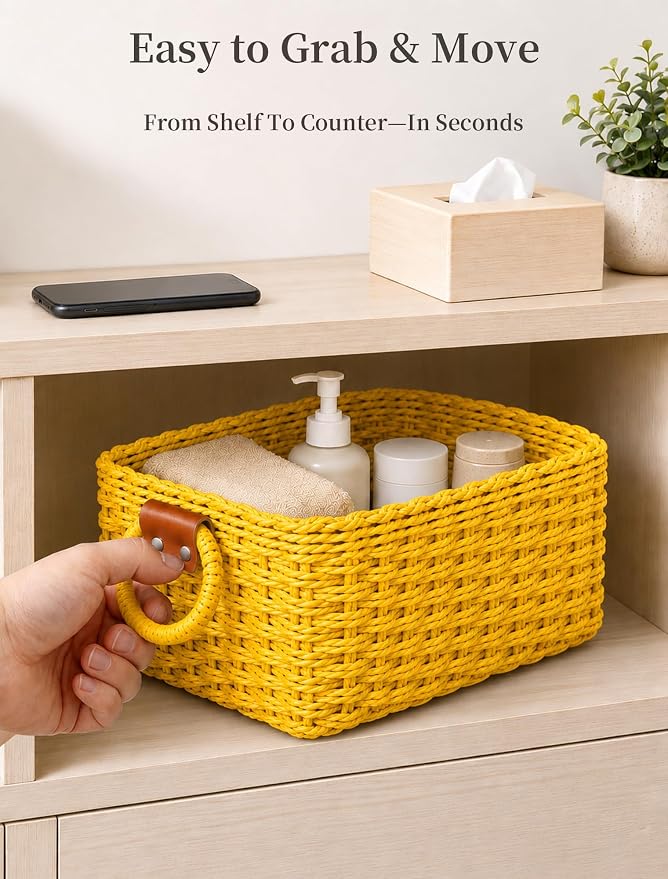 Small Wicker Baskets, 3 PCS Paper Rope Baskets for Shelves, Yellow | Recycled Small Baskets, 3 Sizes Woven Baskets for Organizing, Decorative Storage Baskets for Bedroom and Bathroom