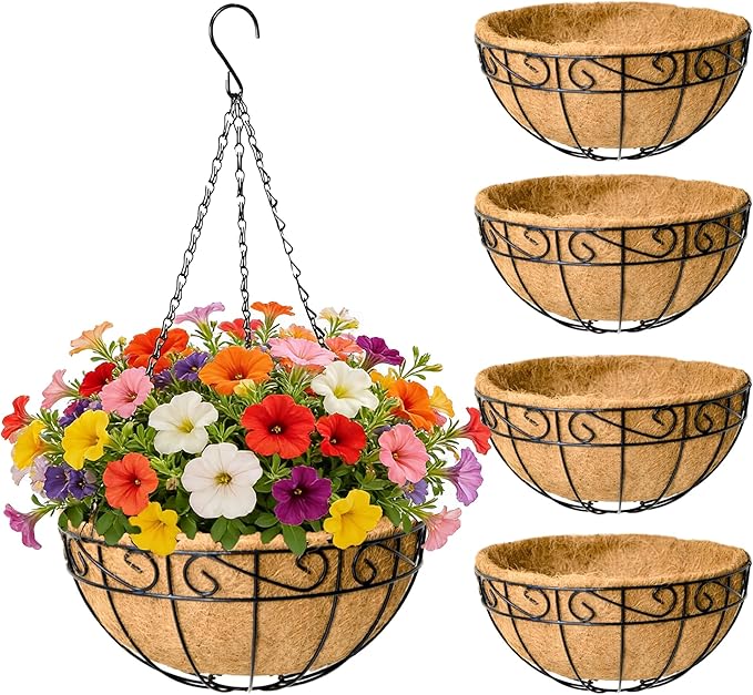 EIMQUVW 4 Pack Outdoor Patio Hanging Baskets 12 Inch Chain Link Round Metal Hanging Planters with Coco Liner Wire Flower Pots Suitable for Balconies Porches Gardens and Windowsills