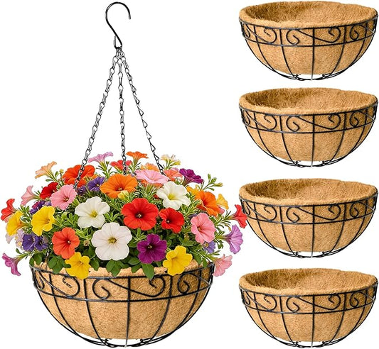 EIMQUVW 4 Pack Outdoor Patio Hanging Baskets 12 Inch Chain Link Round Metal Hanging Planters with Coco Liner Wire Flower Pots Suitable for Balconies Porches Gardens and Windowsills