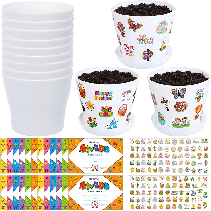 Domensi 30 Pack Garden Pot Craft Kit 4 Inch DIY Happy Easter Crafts for Kids Bulk Small Plastic Spring Flower Plant Pot Plastic Planter with Tray Drainage Holes with Tag, Certificate of Award, Sticker
