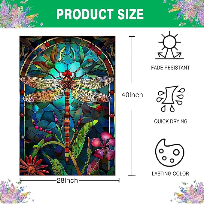 Stained Glass Spring Dragonfly House Flag 28x40 Inch Double Sided for Outside, Floral Large Burlap Yard Flag Seasonal Farmhouse Outside Outdoor Decor