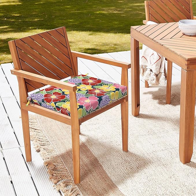 LVTXIII Outdoor Chair Cushions 18.5"x16"x2" Pack of 4, Water-Repellent Square Corner Memory Foam Seat Cushions with Ties for Garden Patio Furniture, Flower Bloom