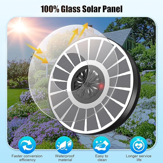 SZMP Solar Water Fountain Works in Cloudy Weather,Solar Fountain for Bird Bath 3.5W Faster Conversion Glass Solar Panel,Power Indicator Replaceable Nozzles,Built-in 2000mAh Battery(White Panel)