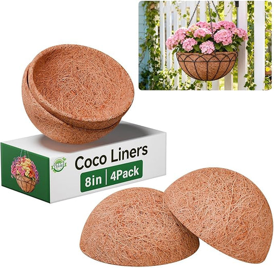 Halatool 4 Pack 8 Inch Coconut Liners for Planters 100% Natural Coco Coir Fiber Hanging Basket Liners Round Coco Liner for Flowers Vegetables Balcony Garden Patio Porch Home Decor