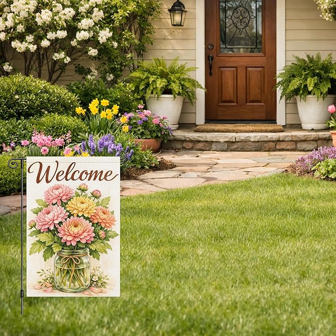 Heyfibro Spring Garden Flag 12x18 Inch Double Sided Chrysanthemum Garden Flag Small Yard Flags for Outside House Farmhouse Seasonal Spring Outdoor Decorations
