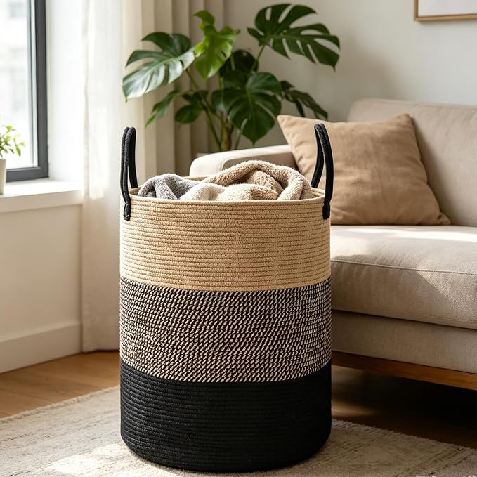 70L Woven Laundry Basket, Large Clothes Hamper with Handles- Jute