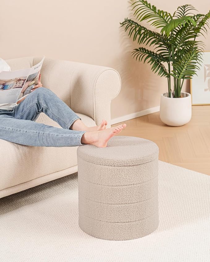 B FSOBEIIALEO Folding Storage Ottoman, Round Sherpa Ottomans, Beige