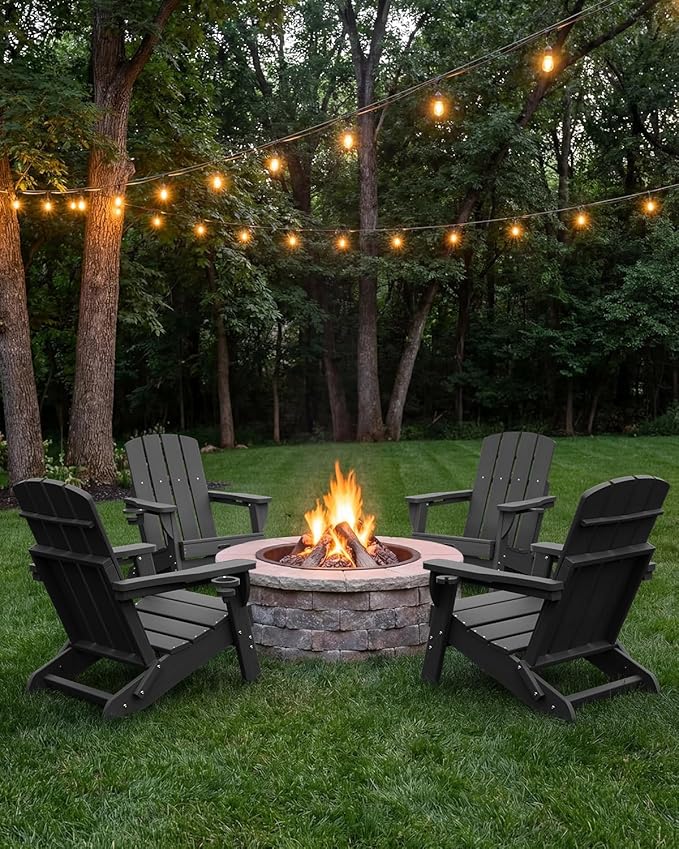 Folding Adirondack Chair 2 Pack, HDPE All-Weather Fire Pit Chairs, Plastic Adirondack Chairs with 2 Cup Holder, Outdoor Lawn Chair for Patio Garden (Black)