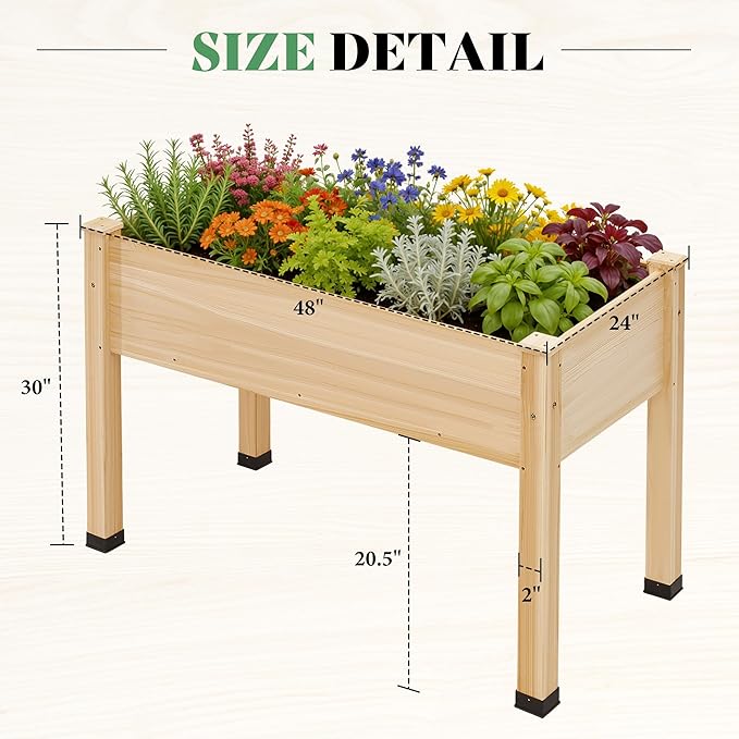 AMERLIFE Raised Garden Bed, 48x30x24 Inches Elevated Wood Planter Box with Legs, Bed Liner, Divider and Drainage Holes for Backyard, Patio, 200 lb Capacity - Light Wood
