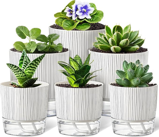 6 Pack Self Watering Pots for Indoor Plants, Flower Planters with Wick Rope & Reservoir, 4" + 5.5" Plastic Pots for African Violet, Orchid, Succulent, Herbs
