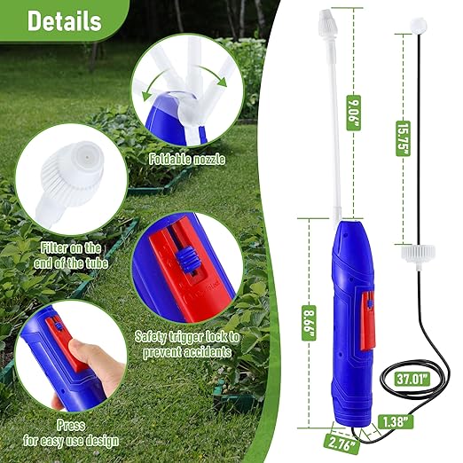Qualirey Battery Powered Sprayer Wand with Holster, Foldable Nozzle Fits 38mm Cap 1 Gallon Jugs, Electric Weed Bug Ant Killer for Beach Cleaning, Gardening, Lawn and Disinfecting(Blue)