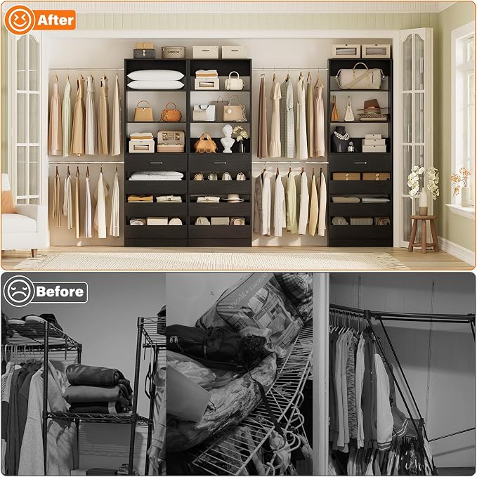 Aheaplus Closet System with 12 Drawers, 8.5-11.5Ft Wood Closet Organizer