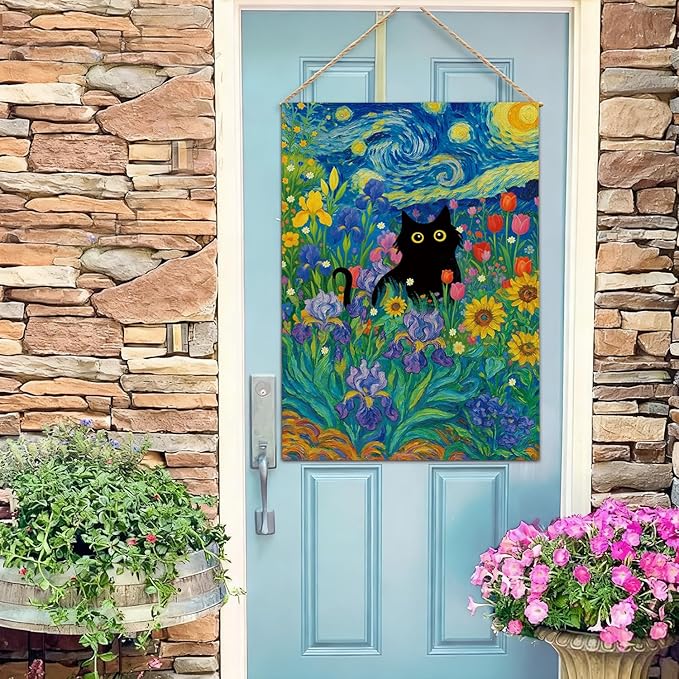 Baccessor Spring Summer Black Cat Garden Flag Double Sided 12.5 x 18 Inch Burlap with Clip and Stopper,Starry Night Flowers Flag Yard Lawn Seasonal Farmhouse Outside Outdoor Decoration