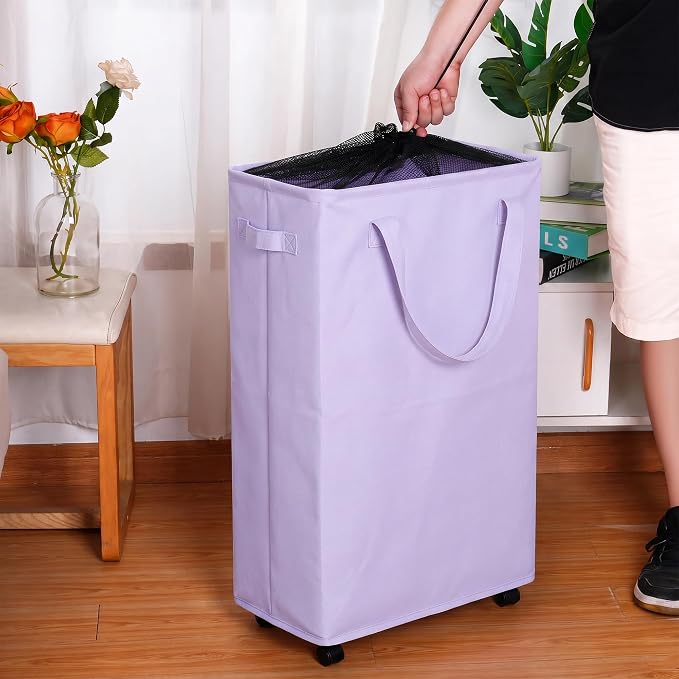 efluky Slim Laundry Hamper with Wheels, Rolling Laundry Basket for Clothes, Small Laundry Basket for Bedroom, Dorm and Laundry Room, 75L (19.8 Gallons) Purple