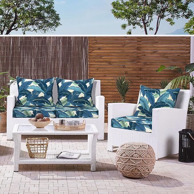 LVTXIII Outdoor Deep Seat Cushion 22"x22"x4" Patio Seat and Back Cushion Set Seasonal Chair Cushion for Dining Arm Chairs, Wicker Chairs and Garden Furniture Decoration, Swaying Palms Blue