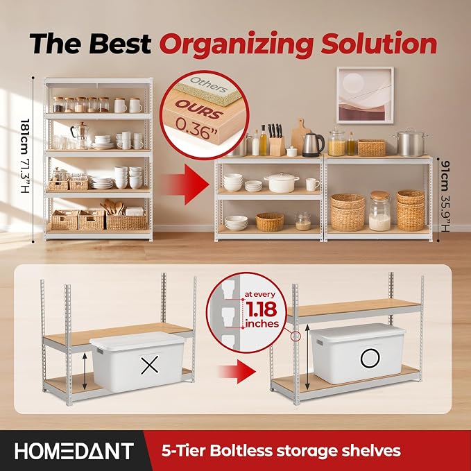 HOMEDANT White 47.7" Deep 5 Tier Storage Shelves Garage Shelving Unit Metal