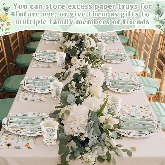 Funnymoom 400 Pcs Baby in Bloom Party Supplies for 50 Guests Green Floral Baby Shower Paper Plates and Napkins Knives Spoon Fork Cup Disposable Wildflower Dinner Party for Spring Greenery Favor