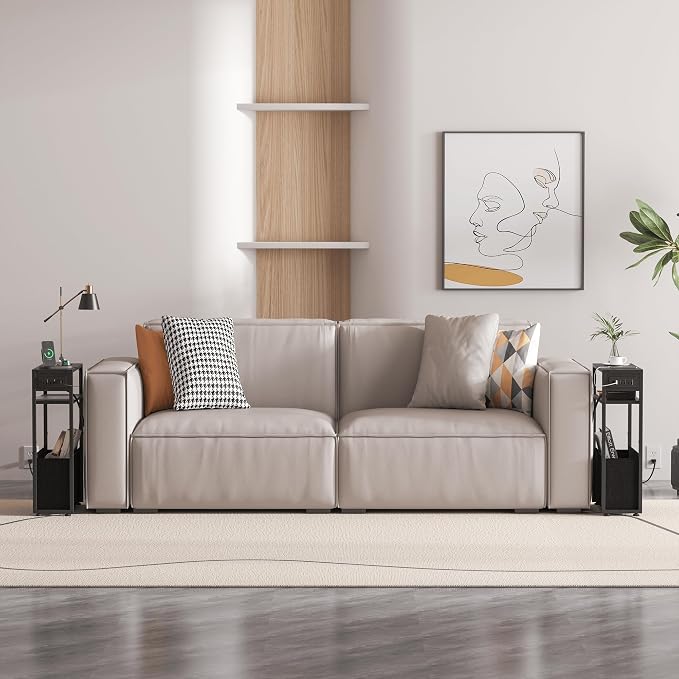 Leomonio Narrow Side Table with Charging Station, Slim End Tables with Linen Basket, Skinny Table for Small Spaces, Thin Bedside Table for Living Room, Bedroom