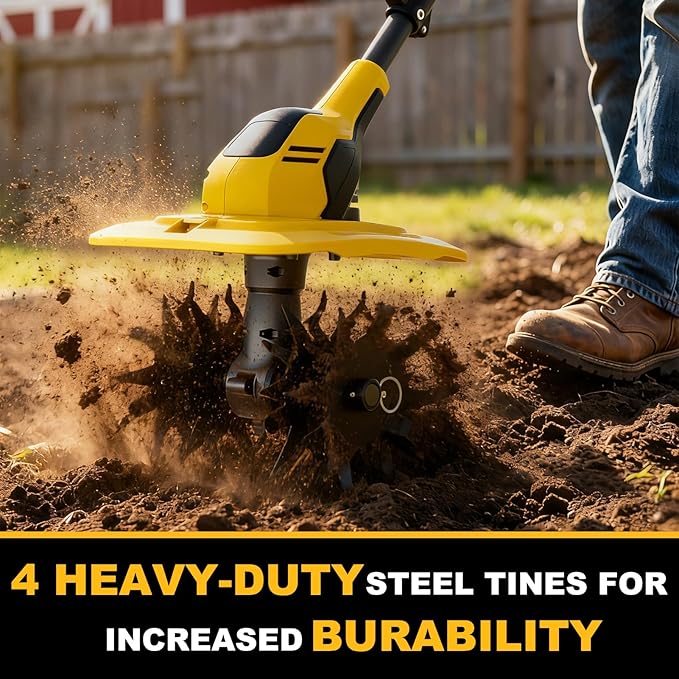 20V Cordless Garden Tiller Cultivator - Compatible with DeWalt 20V MAX Batteries, 9-in. Tilling Width & 7-in. Depth, 4 Steel Blades for Raised Beds and Flower Gardens, Battery Not Included