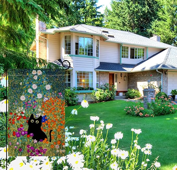 BLKWHT Spring Cat Garden Flag 12x18 Vertical Double Sided Colorful Floral Farmhouse Holiday Outside Decorations Burlap Yard Flag BW571-12