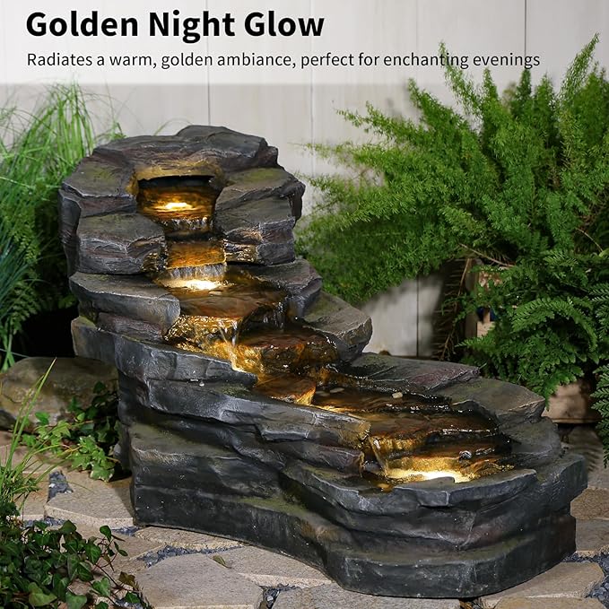 Sunlinua 49" L Water Fountain Outdoor 5-Tiers Rock Natural Waterfall Fountains Floor Standing Water Features with LED Lights for Garden, Patio, Porch, Home Art Decor