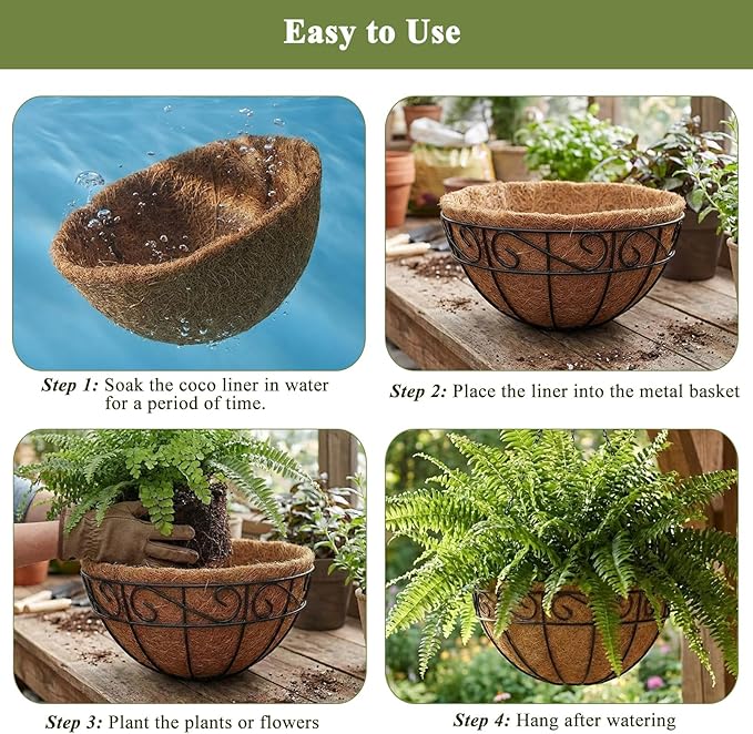 2 Pack Hanging Baskets for Plants Outdoor 14 Inch Metal Hanging Planters with Coco Coir Liner, Round Hanging Flower Pots for Home Garden Patio Balcony Porch