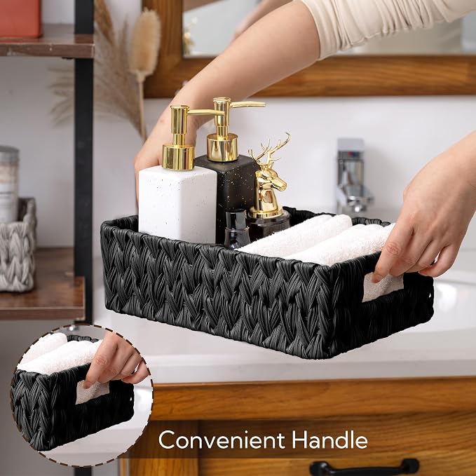 GRANNY SAYS Wicker Storage Baskets for Shelves, Black Wicker Basket, 2-Pack | Waterproof Woven Baskets for Storage, Decorative Basket, Wicker Baskets for Organizing, organizer Basket, Black Woven Basket
