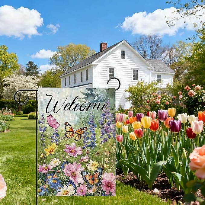 Dyrenson Welcome Spring Summer Floral Decorative Garden Flag, Watercolor Flower Butterfly Yard Outside Home Decoration, Botanical Wildflower Pastoral Burlap Outdoor Small Decor Double Sided 12 x 18