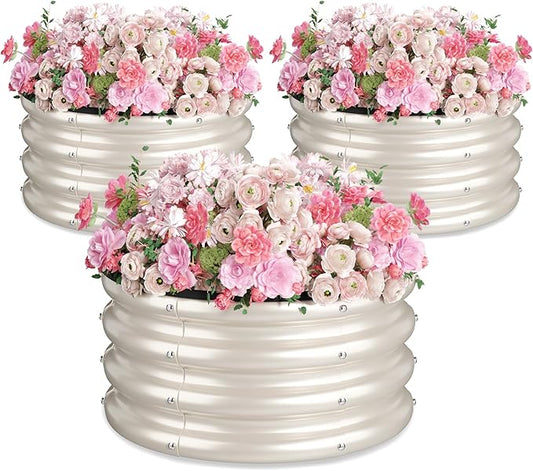 Round Galvanized Raised Garden Bed Kit, 3 Pcs 2 x 2 x 1ft Pearl White Galvanized Garden Boxes, Outdoor for Vegetables