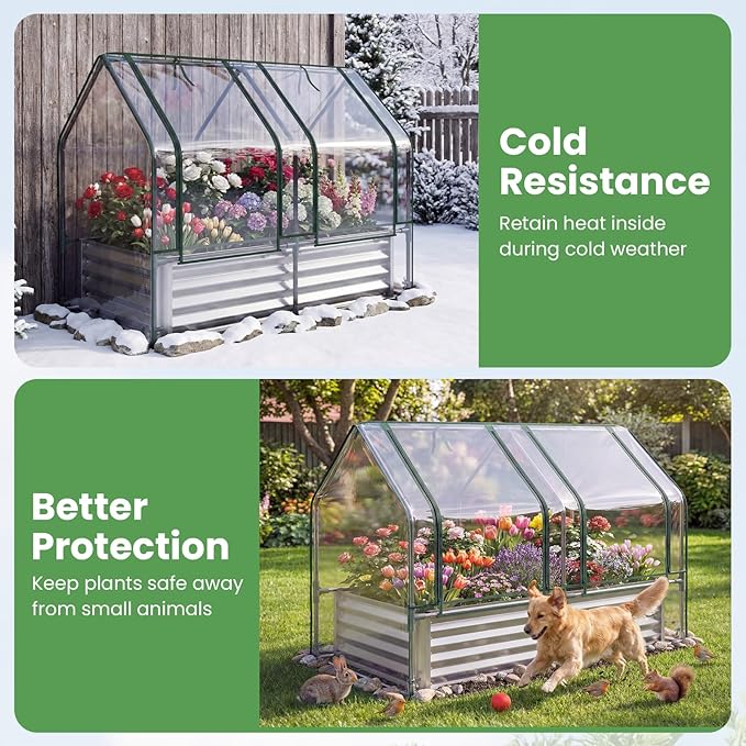 HAPPYGRILL 4 x 2 x 3 FT Galvanized Raised Garden Bed with Cover, Metal Elevated Planter Box with Dual Roll-up Windows for Vegetables Herbs Flowers, Mini Greenhouse for Outdoor Patio Balcony (Sliver)