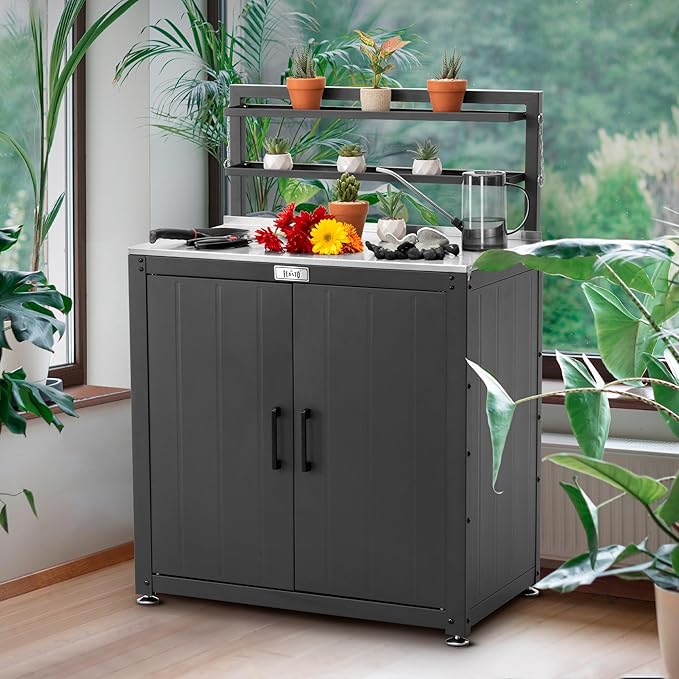 Feasto Garden Potting Bench with Storage Cabinet,Outdoor Gardening Table & Work Bench for Plants, Horticulture,Outdoor Workstation with Stainless Steel Tabletop,Outdoor Work Table with Elevated Rack