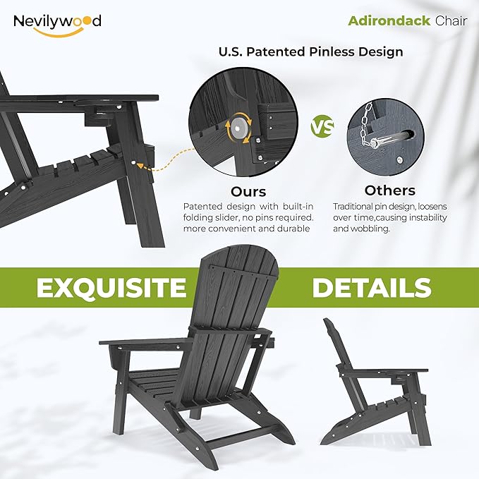 nevilywood HDPE Folding Adirondack Chair Set of 2,Waterproof All-Weather Outdoor Design with Cup Holder,Suitable for Patio for Fire Pit, Patio & Beach, Black
