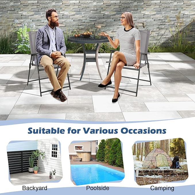 Tangkula Set of 2 Patio Folding Chairs, High Back Dining Chairs with Weather-Resistant Fabric, No Assembly, Outdoor Portable Metal Lawn Chairs with Armrests & Footrest for Garden