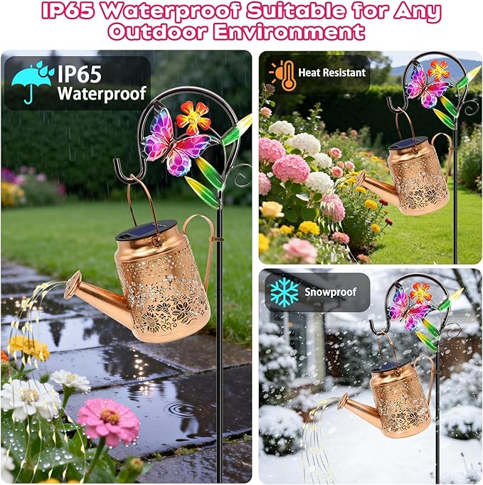 VOOKRY Solar Lights Outdoor Waterproof, Butterfly Retro Metal Solar Watering Can Lights, Gifts for Women Mom Grandma Mother's Day, Hanging Lantern Decorative Garden Decor for Outside Yard Lawn Patio
