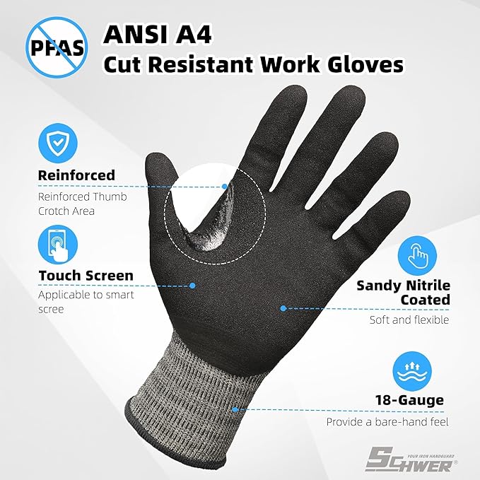 Schwer 6 Pairs ANSI A4 Cut Resistant Work Gloves with Extreme Lightweight & Thin, Sandy Nitrile Touchscreen Safety Working Gloves with Grip, 3D-Comfort Fit, Flexible and Breathable, S, AR5918