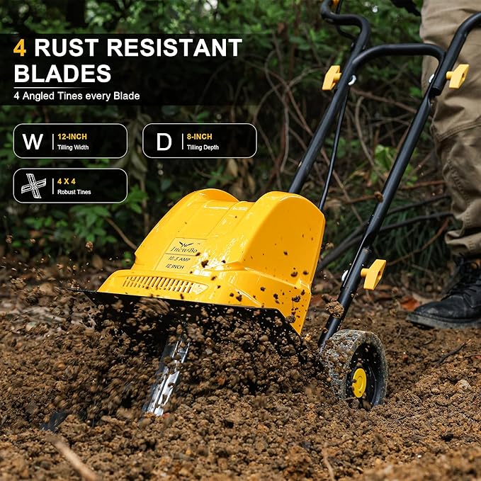 IncwBo Garden Rototiller 12-Inch 10.5-Amp Corded Electric Tiller/Cultivator, Adjustable Wheels, 8-Inch Tilling Depth, Powerful and Lightweight Tiller