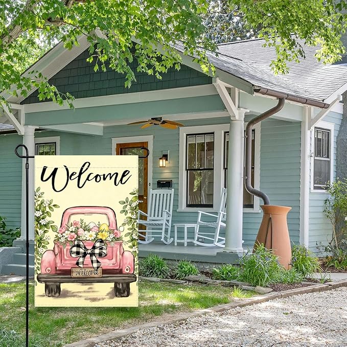 Vintage Pink Truck Garden Flag,12x18 Inch Spring Welcome Floral Design, Decorative Outdoor Double Sided Flag with Buffalo Check Bow, Farmhouse Style