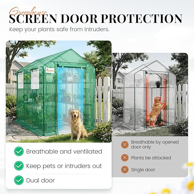KING BIRD Premium Greenhouse for Outdoors, 84x56x77 Upgraded PVC Cover & Heavy Duty Steel Frame Walk-in Portable Green House for Outside Garden, Screen Windows & Mesh Door, 3 Tiers 14 Shelves, Green
